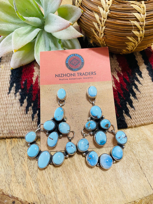 Handcrafted Golden Hills Turquoise & Sterling Silver Cluster Dangle Earrings