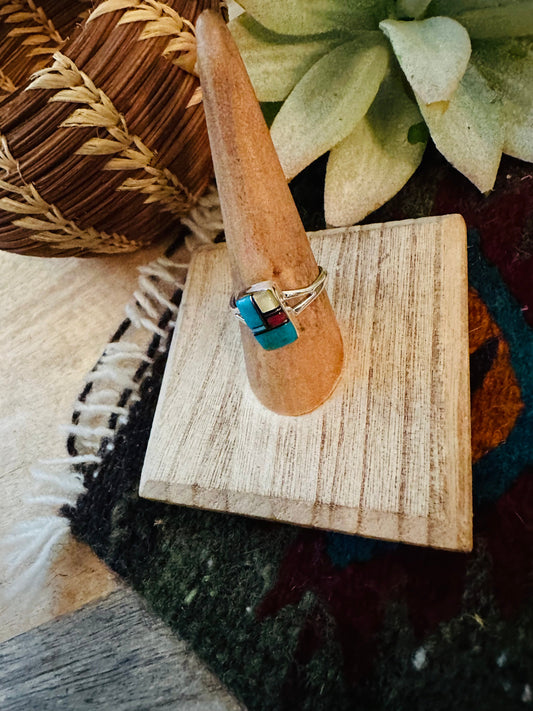 Handcrafted Sterling Silver & Multi Stone Inlay Ring Size 7.75