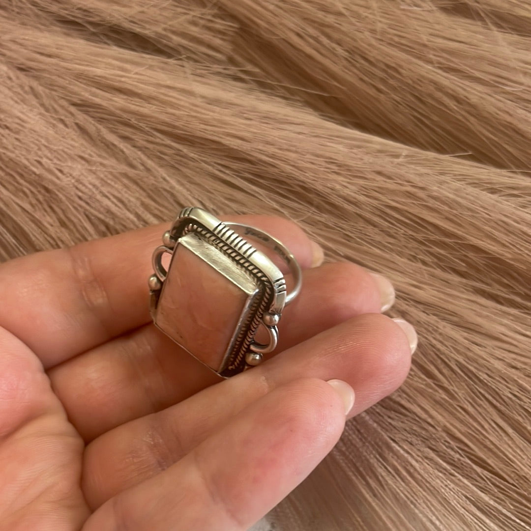 Gorgeous Navajo Pink Peruvian Opal And Sterling Silver Adjustable Ring