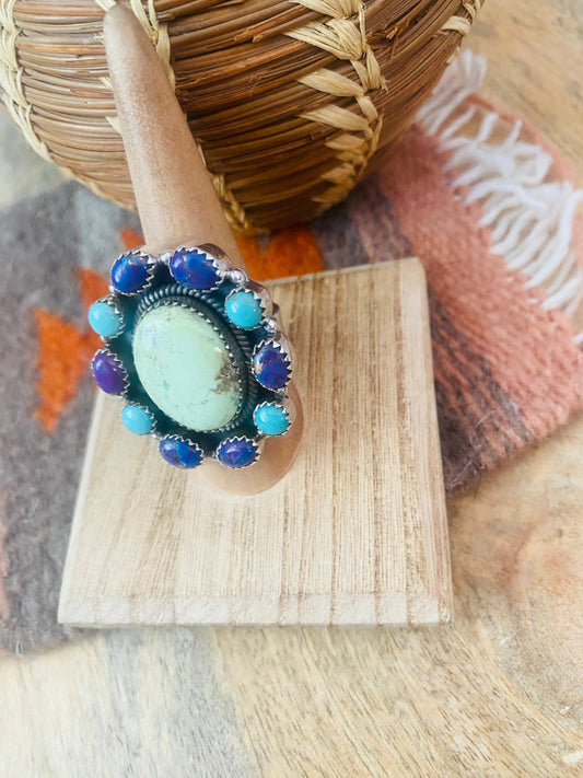 Handmade Sterling Silver & Multi Stone Cluster Adjustable Ring