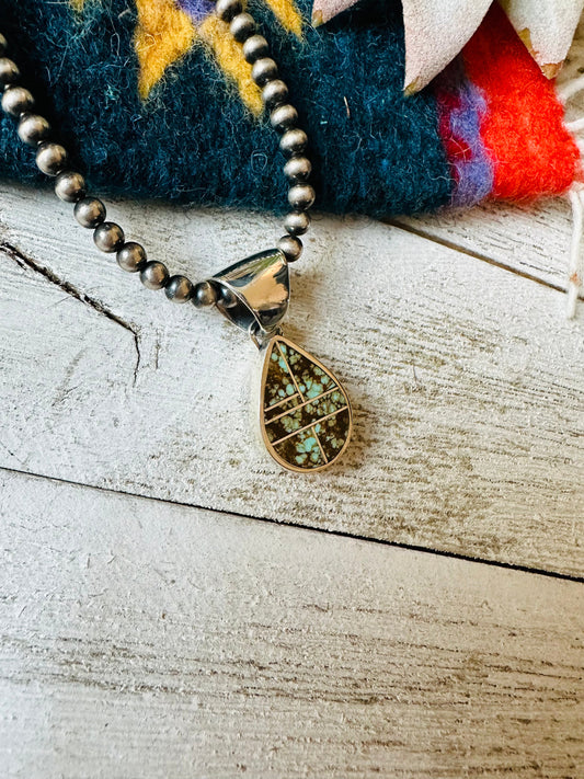 Handcrafted Number 8 Turquoise & Sterling Silver Teardrop Inlay Pendant