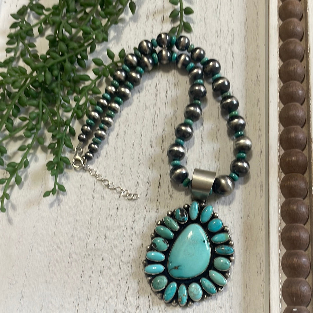 Beautiful Handcrafted Sterling Silver Beaded Turquoise Necklace With Pendant Signed Ella Peter