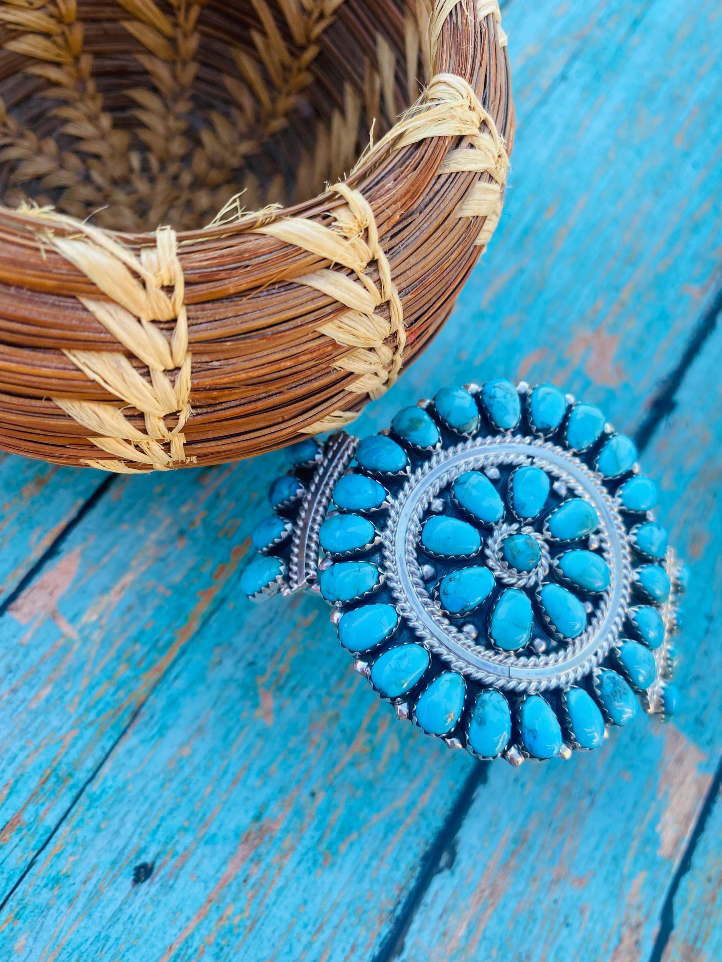 Handcrafted Kingman Turquoise & Sterling Silver Cluster Bracelet Cuff /
