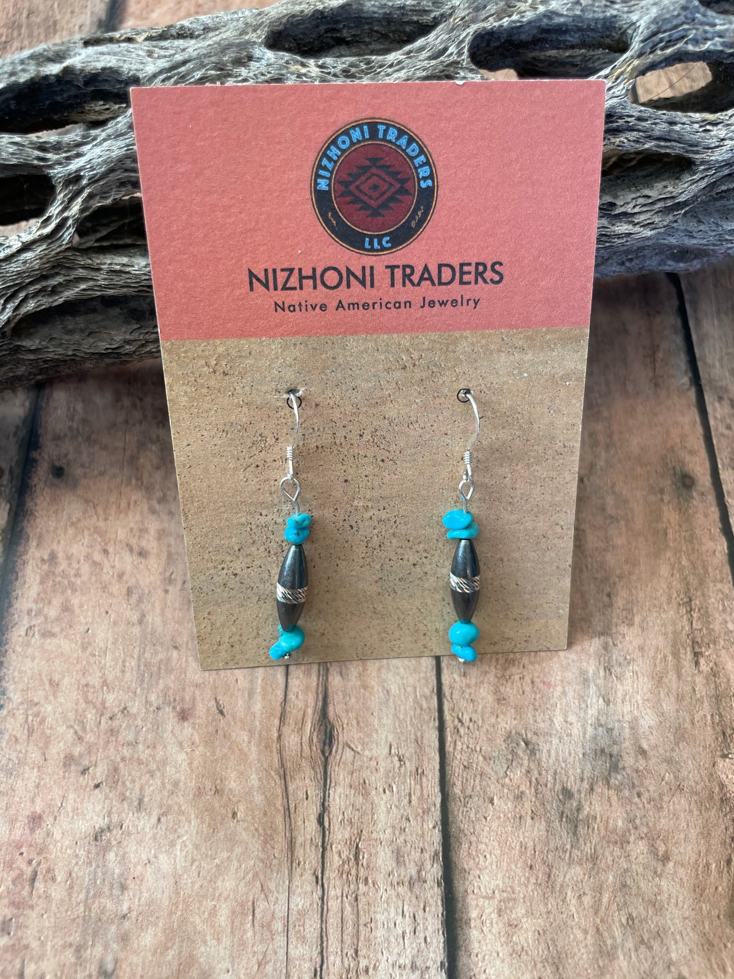 Navajo Sterling Silver Diamond Cut Turquoise  Beaded Earrings