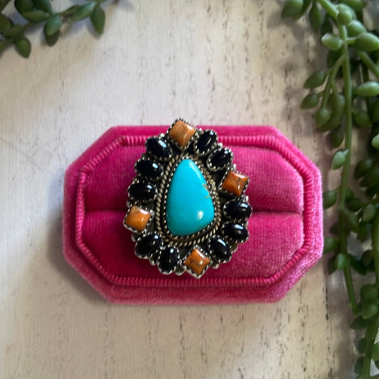 Nizhoni Handmade Turquoise, Black Onyx, Orange Mojave And Sterling Silver Adjustable Ring