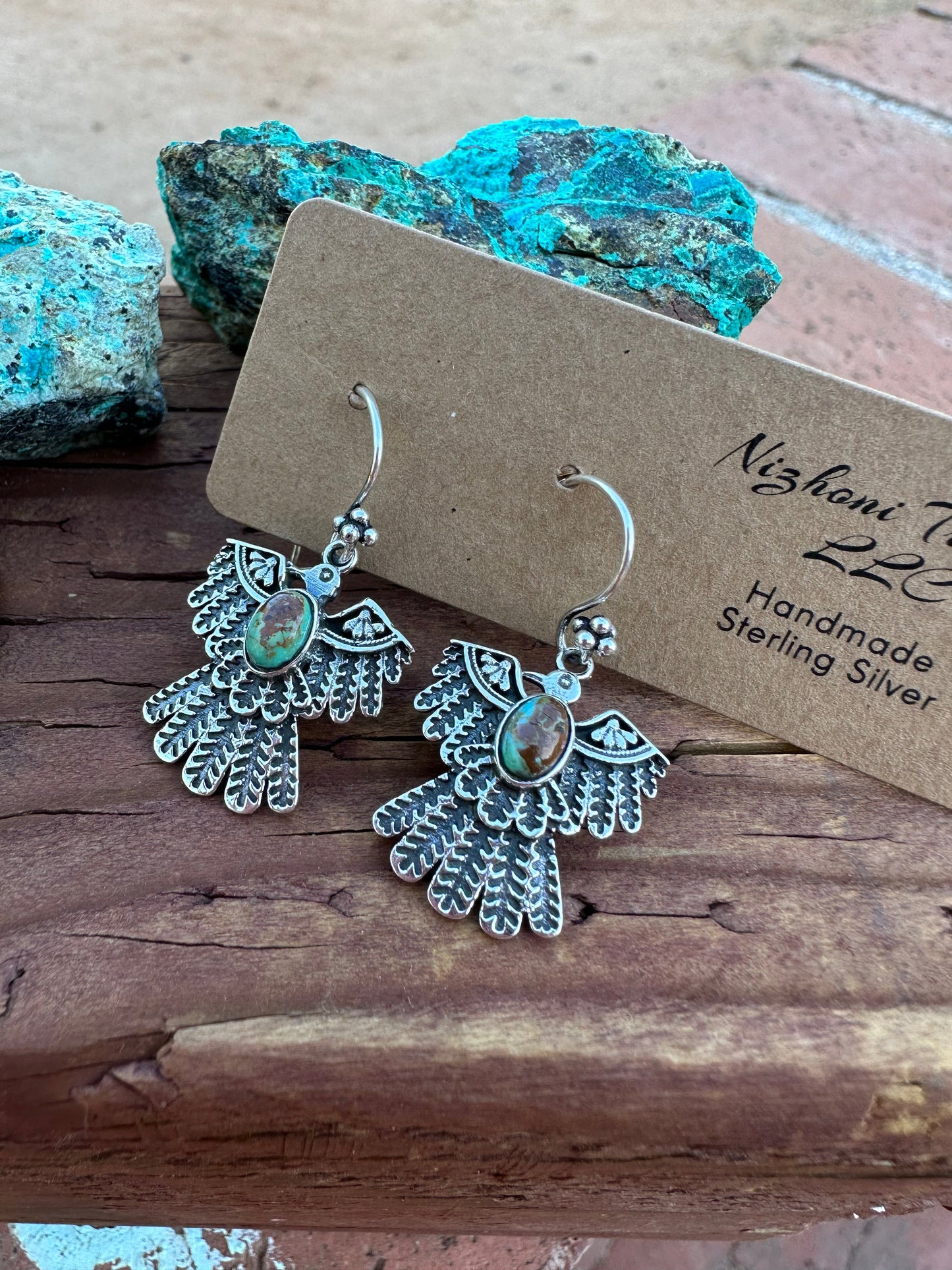 Handmade Royston Turquoise & Sterling Silver Thunderbird Dangle Earrings