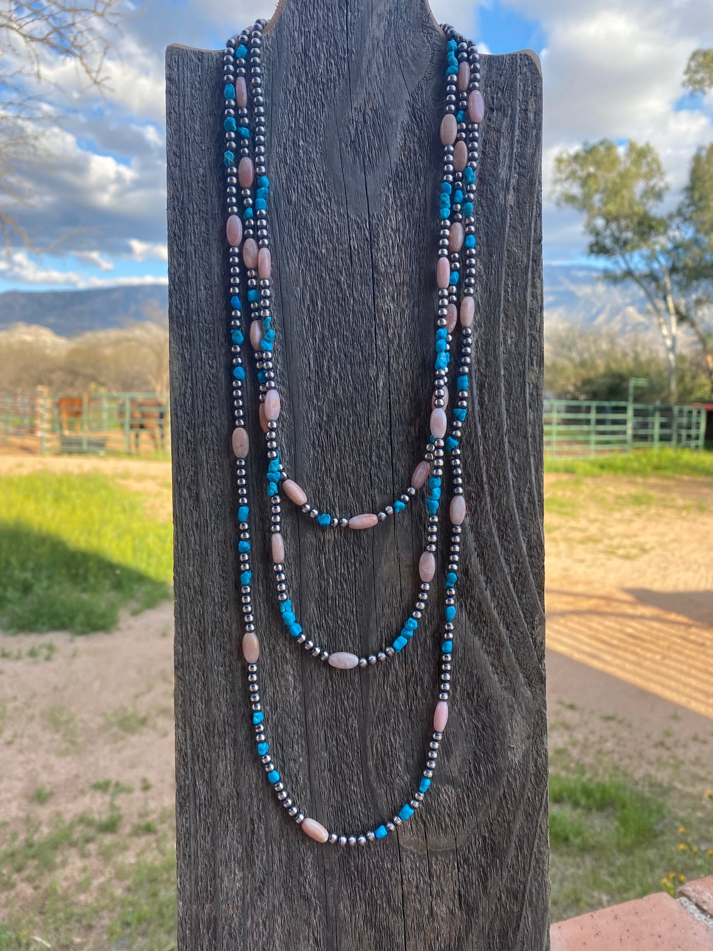 Handcrafted Sterling Silver Pearls with Kingman Turquoise and Pink Conch