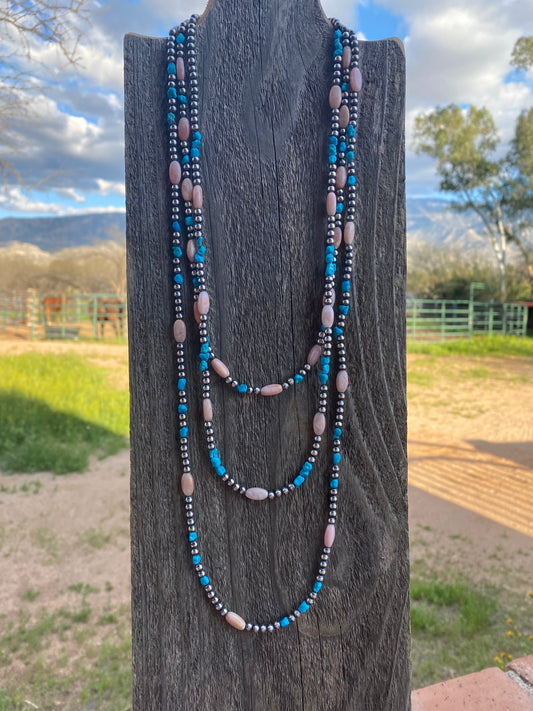 Handcrafted Sterling Silver Pearls with Kingman Turquoise and Pink Conch