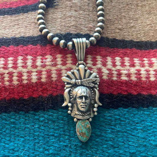 Beautiful Handcrafted Sterling Silver & Turquoise Chief Pendant Signed Russell Sam