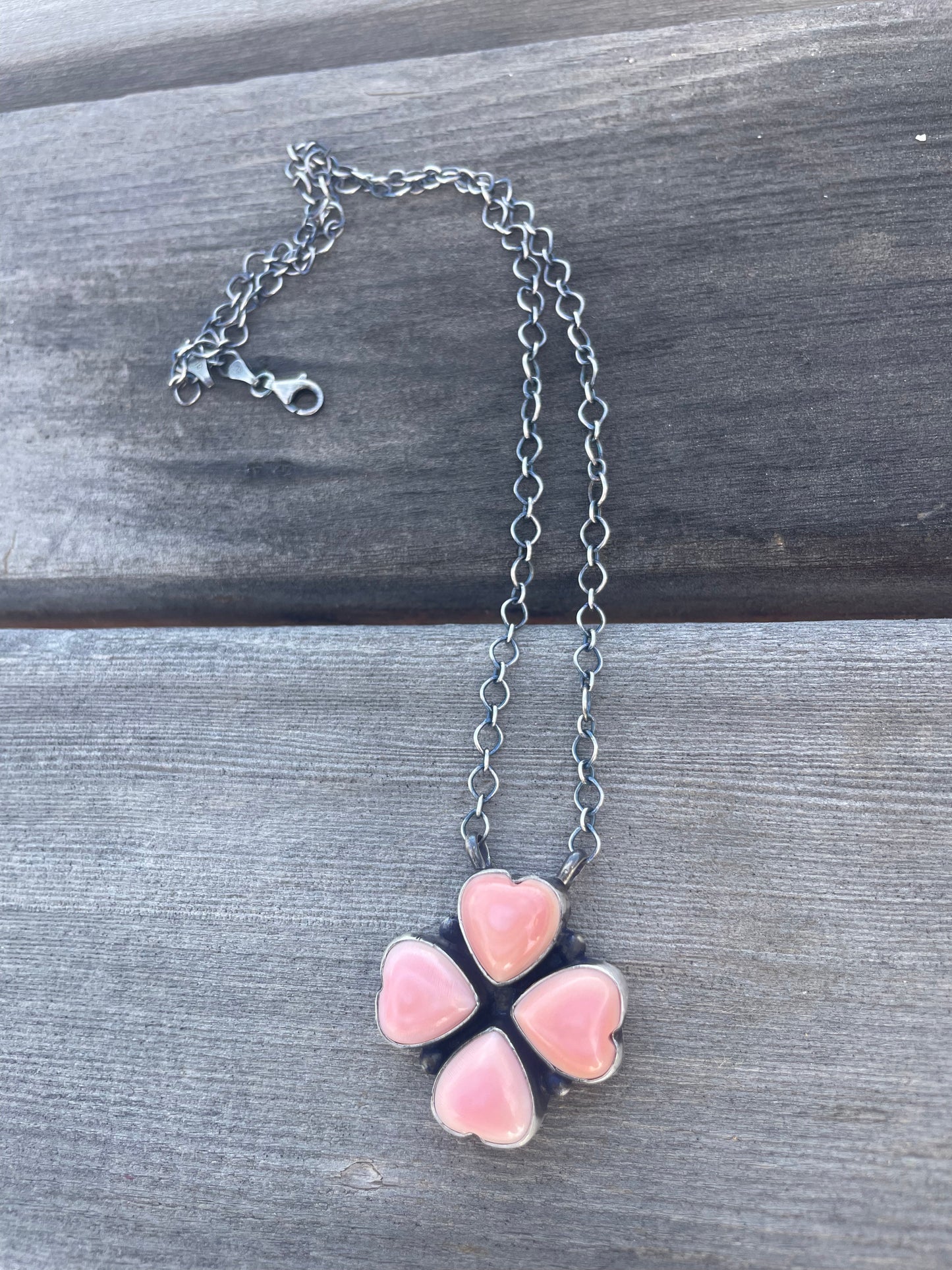 Handcrafted Queen Pink Conch Shell And Sterling Silver Heart Necklace Signed