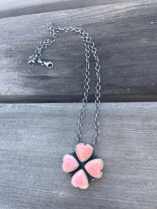 Handcrafted Queen Pink Conch Shell And Sterling Silver Heart Necklace Signed