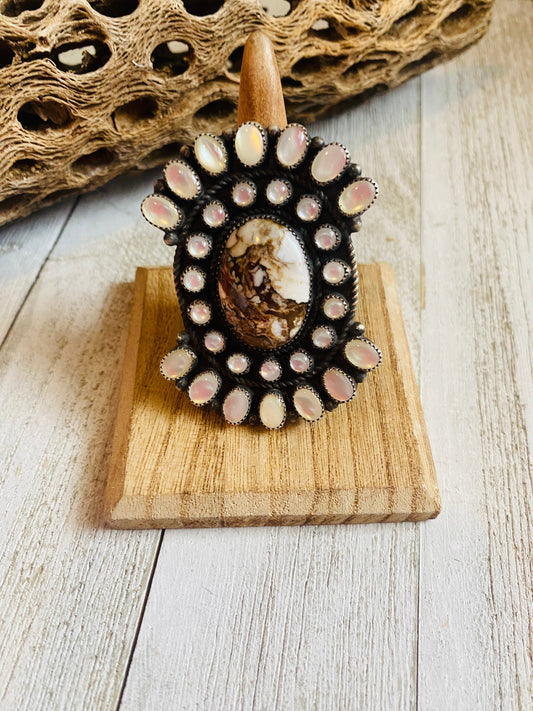 Handcrafted Sterling Silver, Mother of Pearl & Wild Horse Cluster Adjustable Ring