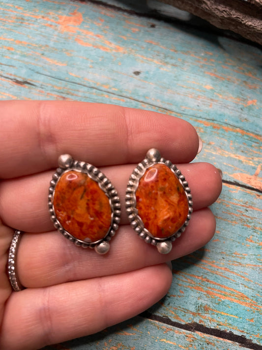Handcrafted Apple Coral And Sterling Silver Post Earrings Signed