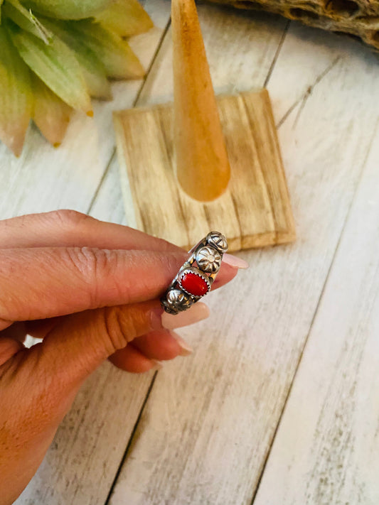 Handcrafted Coral and Sterling Silver Concho Band Ring