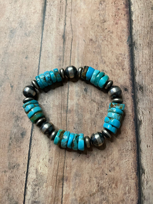 Handcrafted Sterling Silver Stretchy Natural #8 Turquoise Beaded Bracelet 12 mm pearl