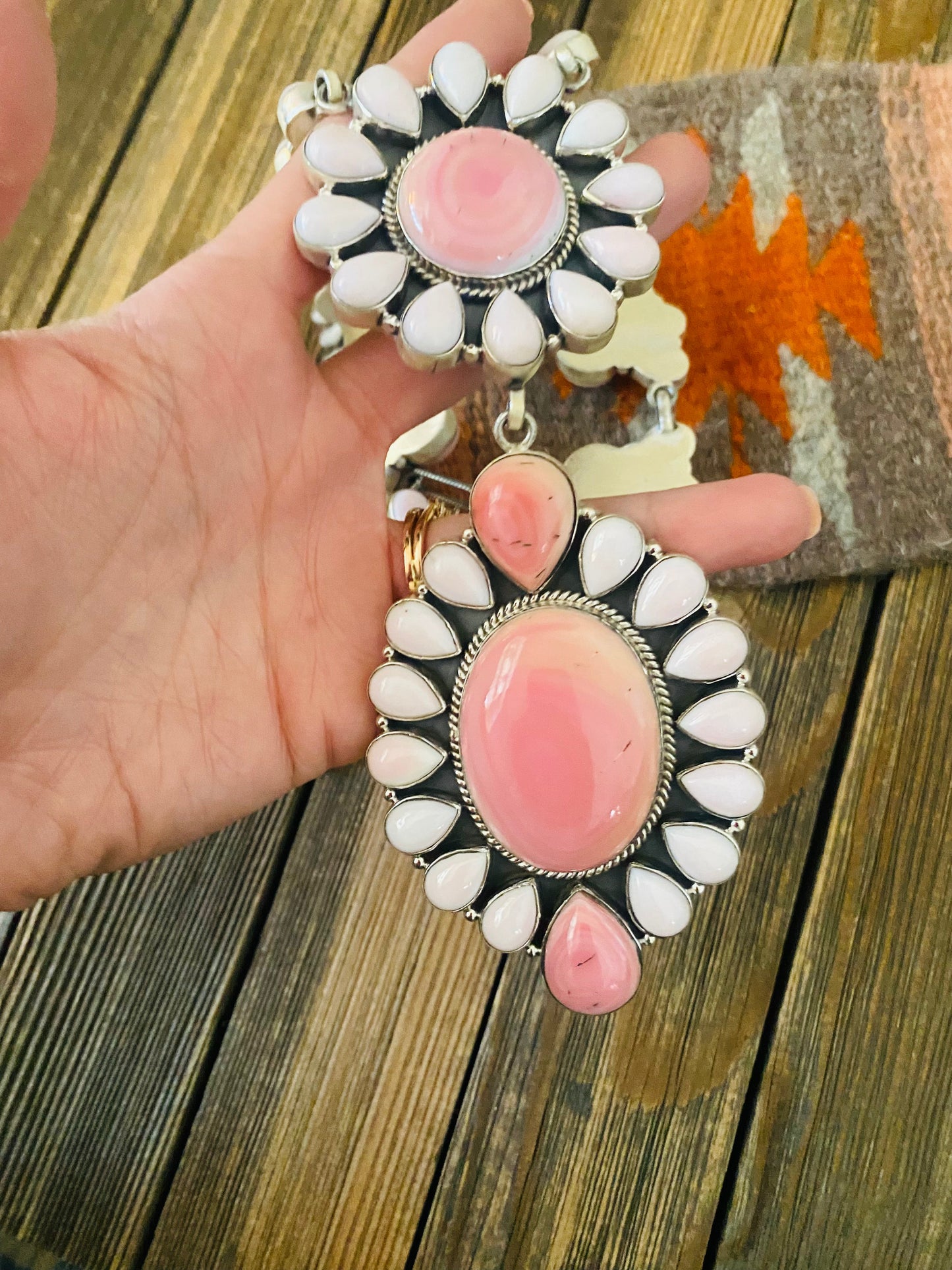 Handcrafted Queen Pink Conch Shell And Sterling Silver Cluster Necklace