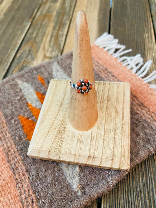 Handcrafted Sterling Silver & Red Coral Petit Point Ring