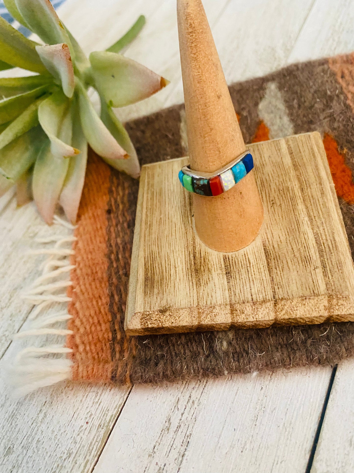 Handcrafted Sterling Silver & Multi Stone Inlay Band Ring Size 7.5