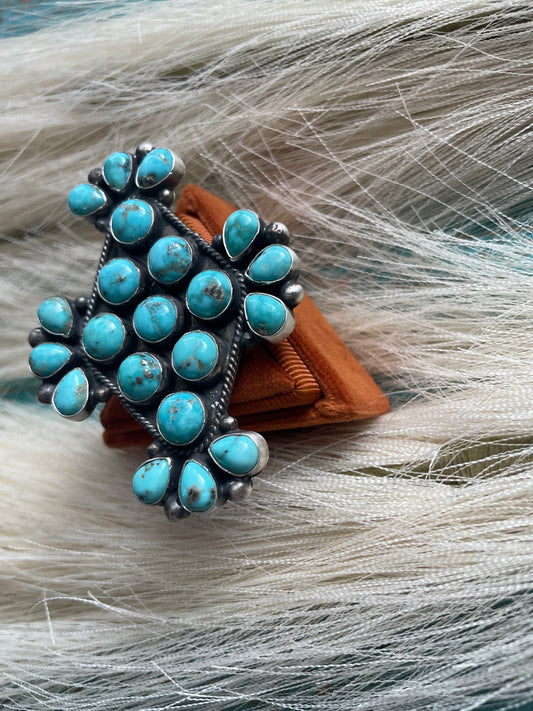 Handcrafted Turquoise & Sterling Silver Statement Cluster Adjustable Ring