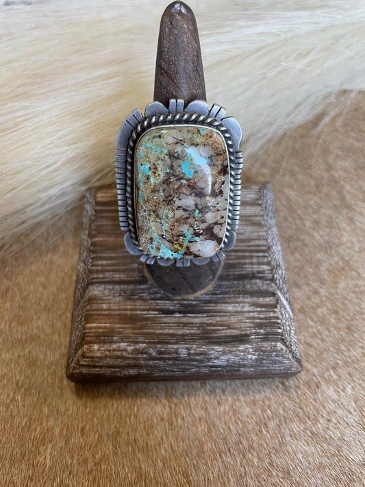 Handcrafted Turquoise & Sterling Silver Ring Size 8.5 Signed Russell Sam
