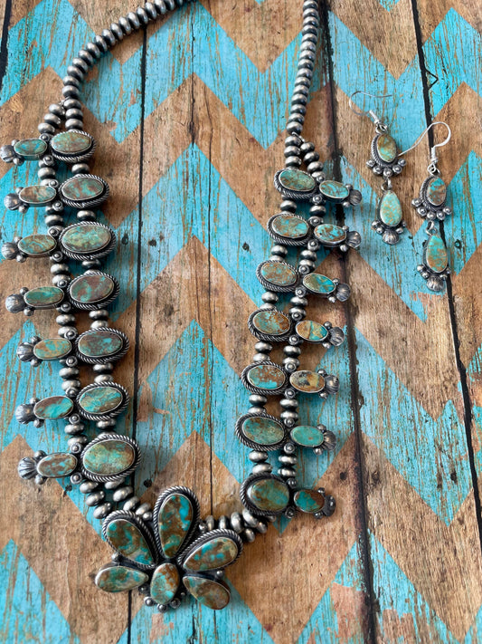 Royston Turquoise Squash Blossom Set By Handcrafted Artist Jacqueline Silver