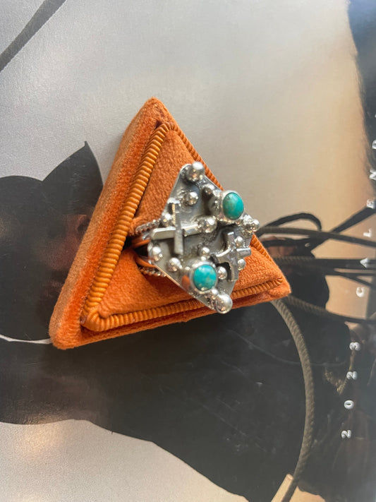 Handcrafted Sterling Silver & Turquoise Cluster Cross Ring Signed