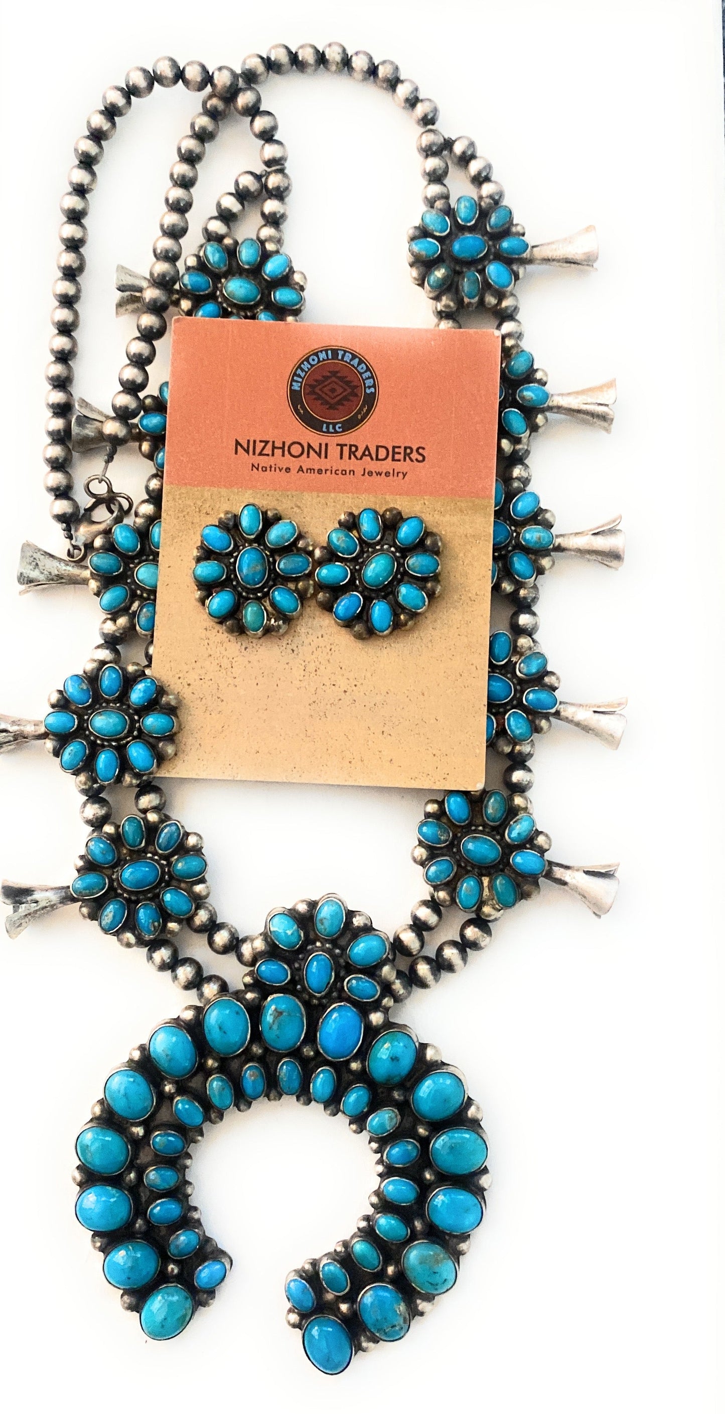 Navajo Sleeping Beauty Turquoise & Sterling Silver Squash Blossom Necklace Set