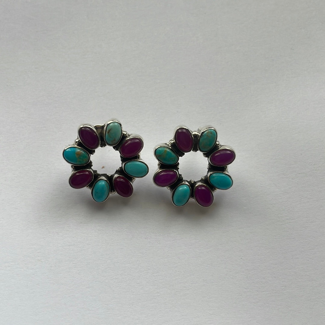 Handmade Pink Onyx, Turquoise & Sterling Silver Stud Flower Earrings Signed Nizhoni