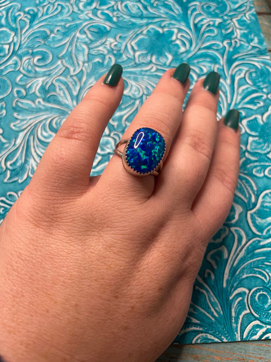 Handcrafted Man Made Sterling Silver & Blue Opal Ring Signed