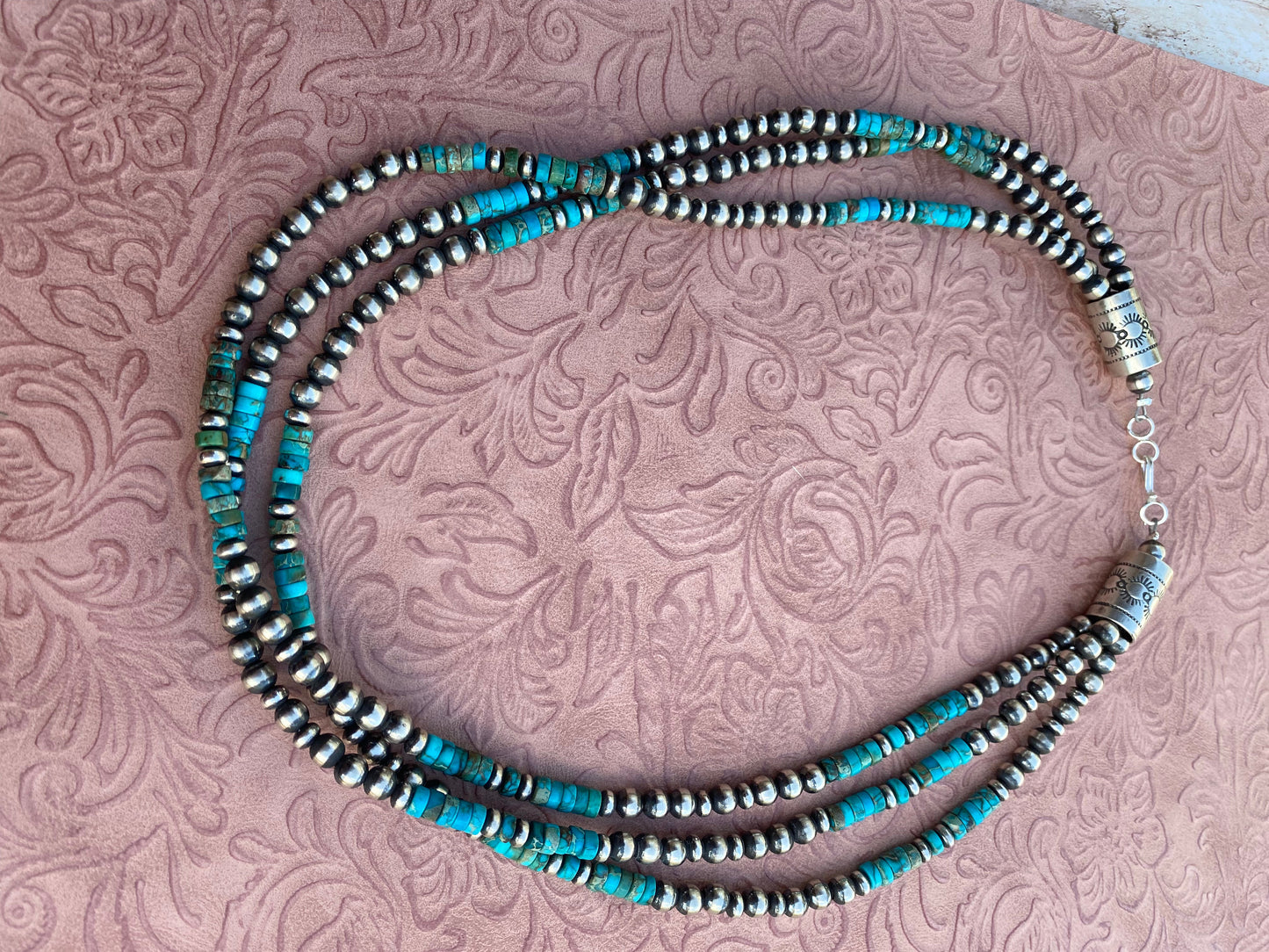 Navajo 3 Strand Kingman Turquoise & Sterling Beaded 18 inches