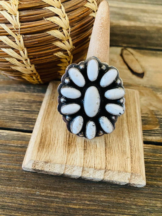 Handcrafted Sterling Silver And White Buffalo Cluster Adjustable Ring