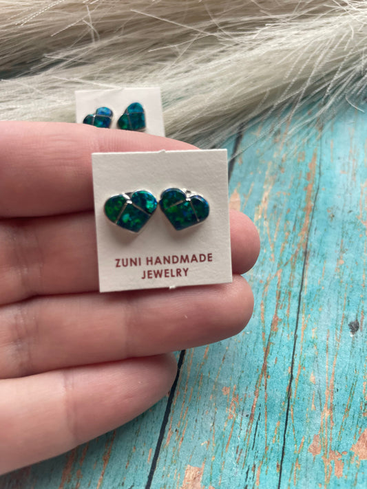 Handcrafted Sterling Silver & Dark Green Opal Inlay Heart Stud Earrings