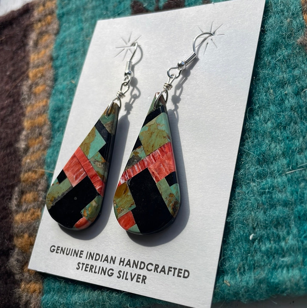 Handcrafted Multi Stone Inlay Dangle Earrings