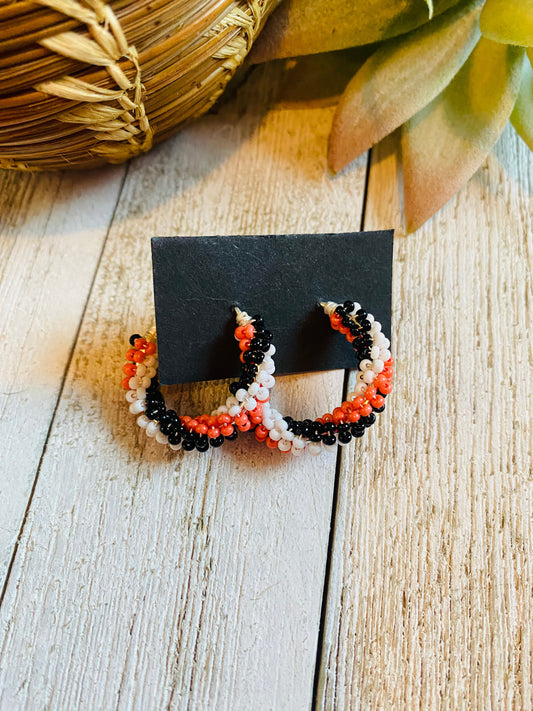 Handcrafted Handmade Beaded Hoop Earrings- orange