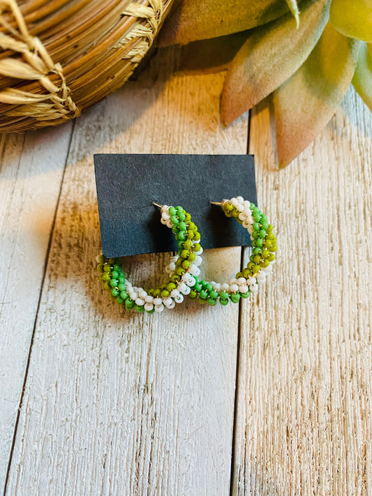 Handcrafted Handmade Beaded Hoop Earrings- green