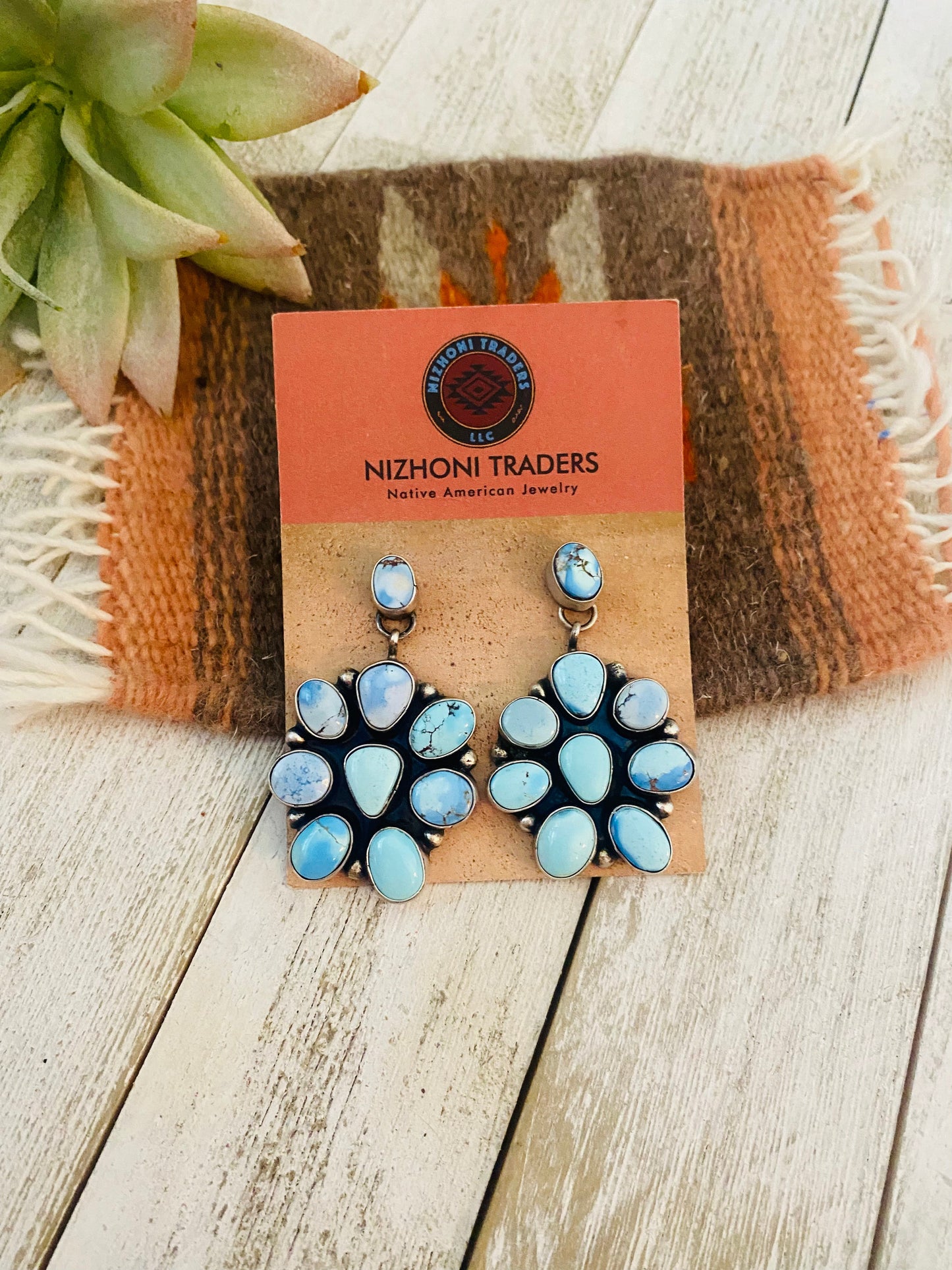 Navajo Golden Hills Turquoise & Sterling Silver Cluster Dangle Earrings