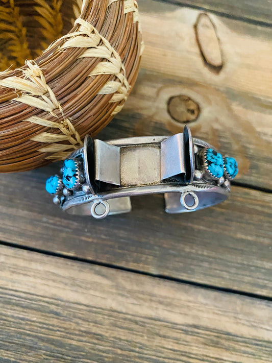 Old Pawn Vintage Handcrafted Turquoise & Sterling Silver Watch Cuff Signed