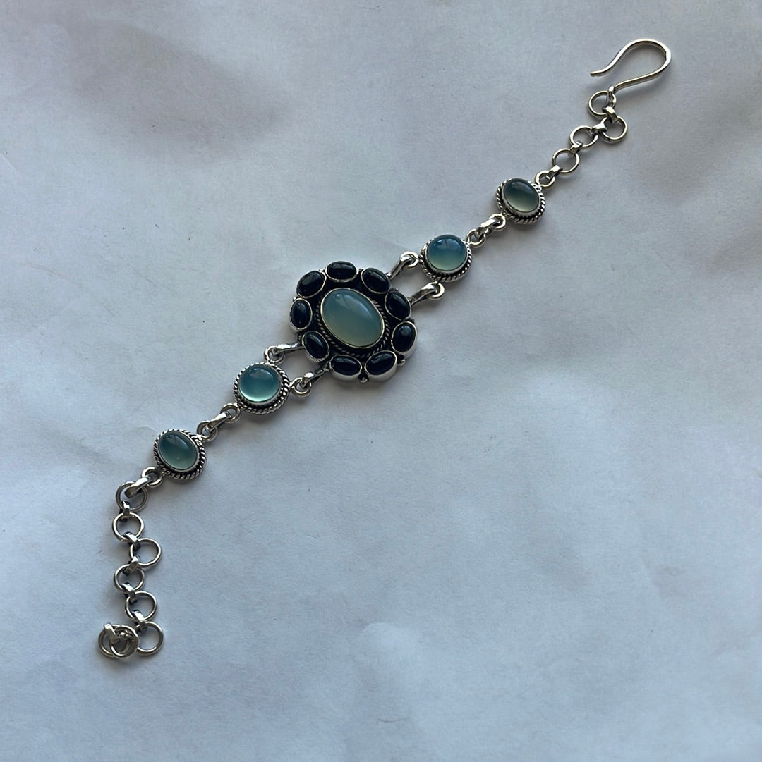 Handmade Sterling Silver, Onyx & Aqua Calcedony Link Bracelet Signed Nizhoni