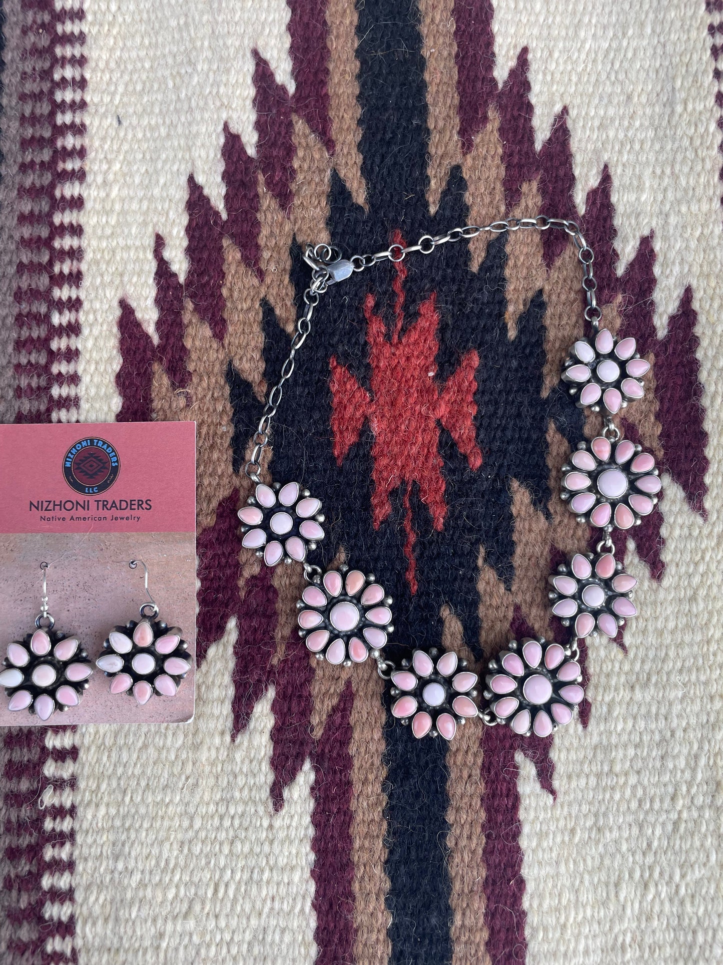 “The Delaney” Handcrafted Queen Pink Conch Shell And Sterling Silver Necklace Earrings Set Signed