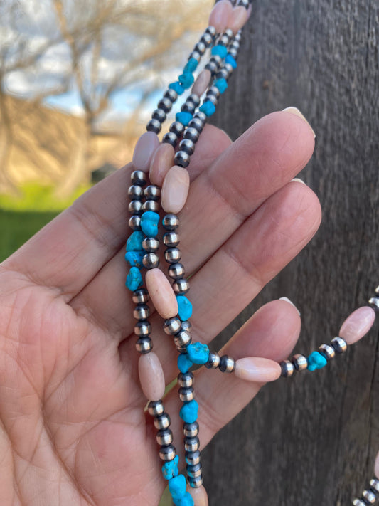 Handcrafted Sterling Silver Pearls with Kingman Turquoise and Pink Conch
