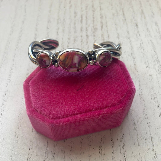 Handcrafted Pink Dream Mojave & Sterling Silver Cuff Bracelet Signed