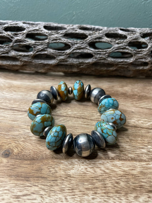 Handcrafted Sterling Silver Stretchy Natural #8 Turquoise Beaded Bracelet 16 mm pearl