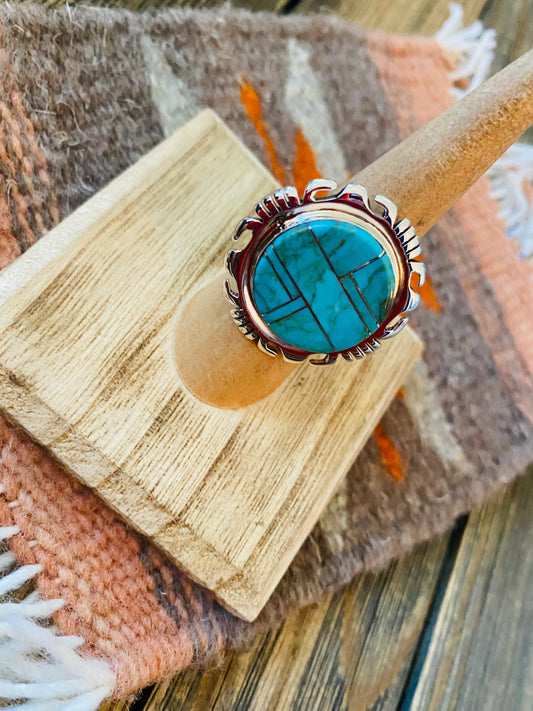 Handcrafted Sterling Silver & Turquoise Inlay Ring Size 6.75