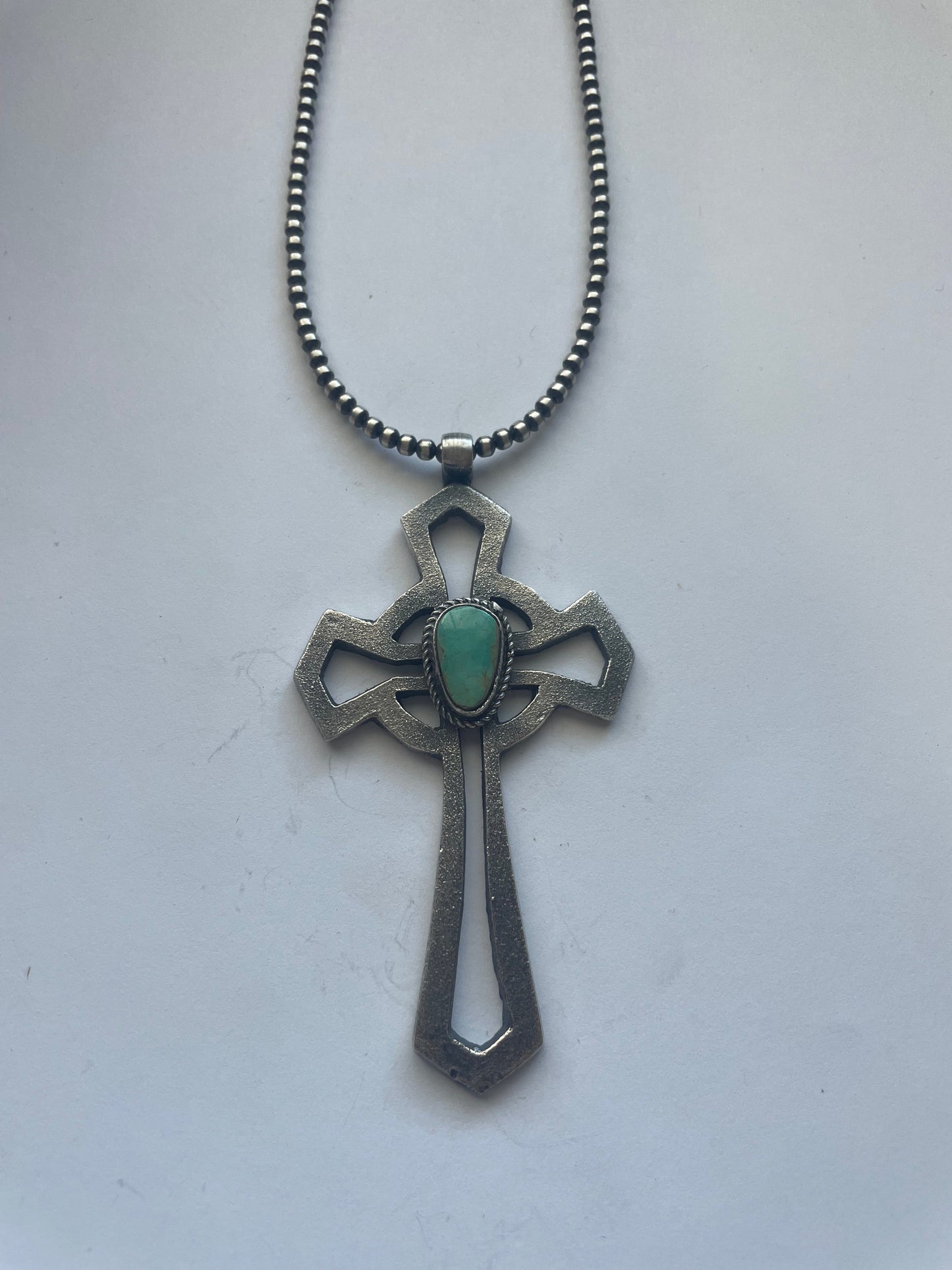 Handcrafted Sterling Silver & Turquoise Cross Pendant Signed Eugene Mitchell