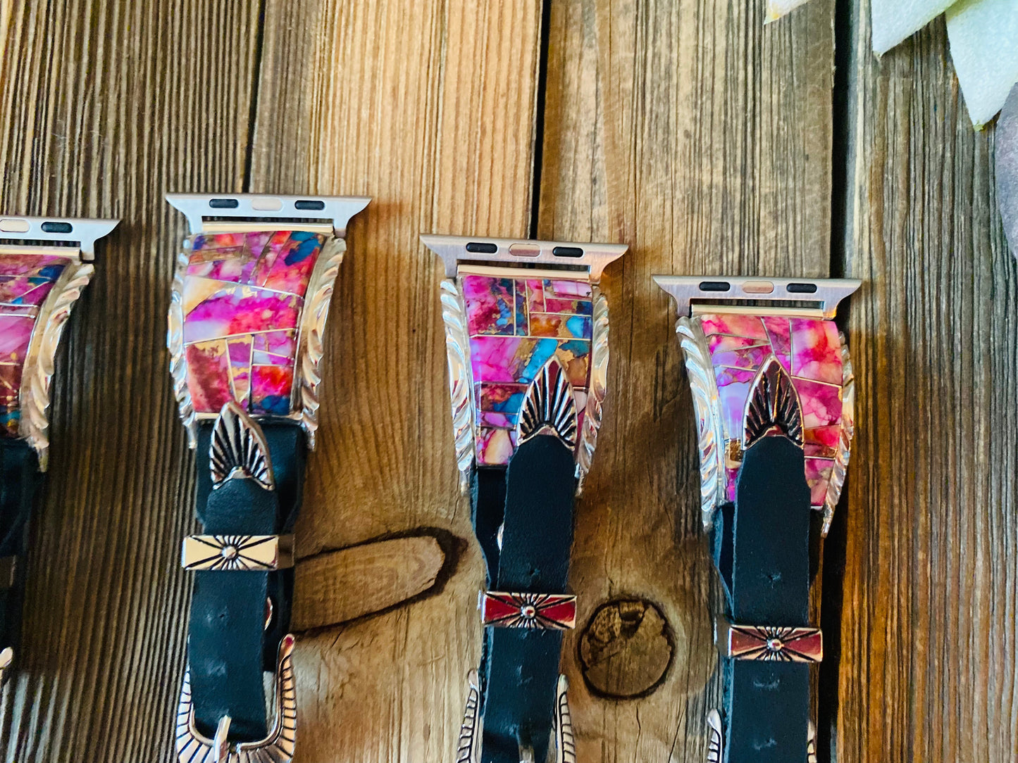 Handcrafted Pink Dream Mohave, Sterling Silver & Black Leather Smartphone Watch Band