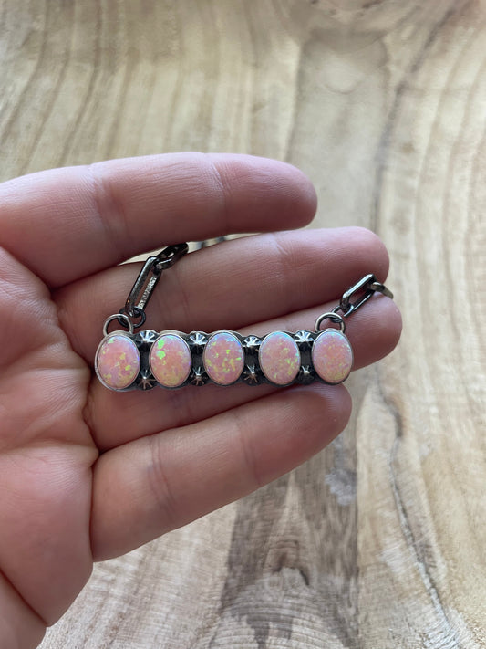 Handcrafted Sterling Silver & Pink Opal Bar Necklace 16 inch Signed