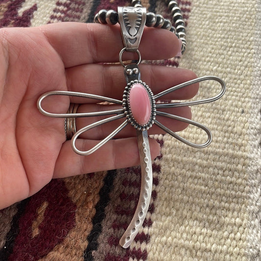 Handcrafted Pink Conch & Sterling Silver Dragonfly Pendant Signed
