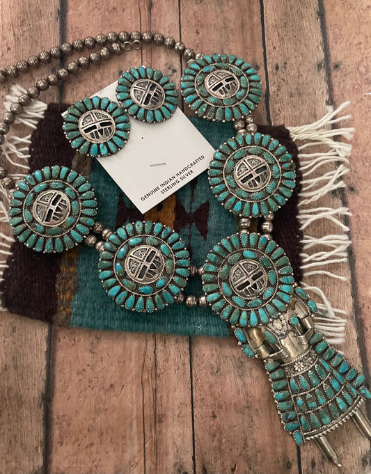 Vintage Handcrafted Sterling Silver And Turquoise Kachina Squash Blossom Necklace Earrings Set Signed