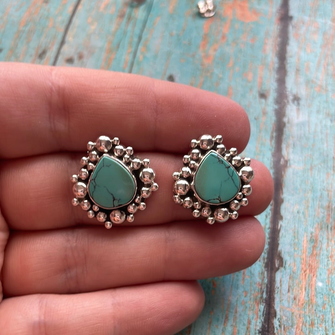 Handmade Turquoise and Sterling Silver Tear Drop or Oval Stud Earrings Signed Nizhoni