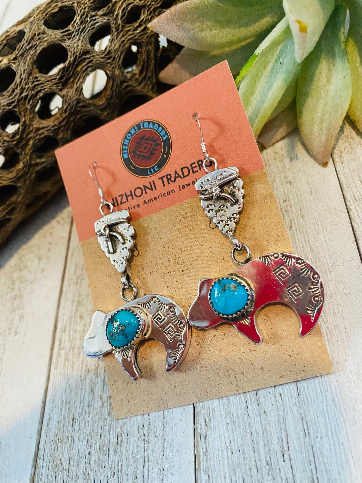 Handcrafted Turquoise & Sterling Silver Fetish Bear Dangle Earrings